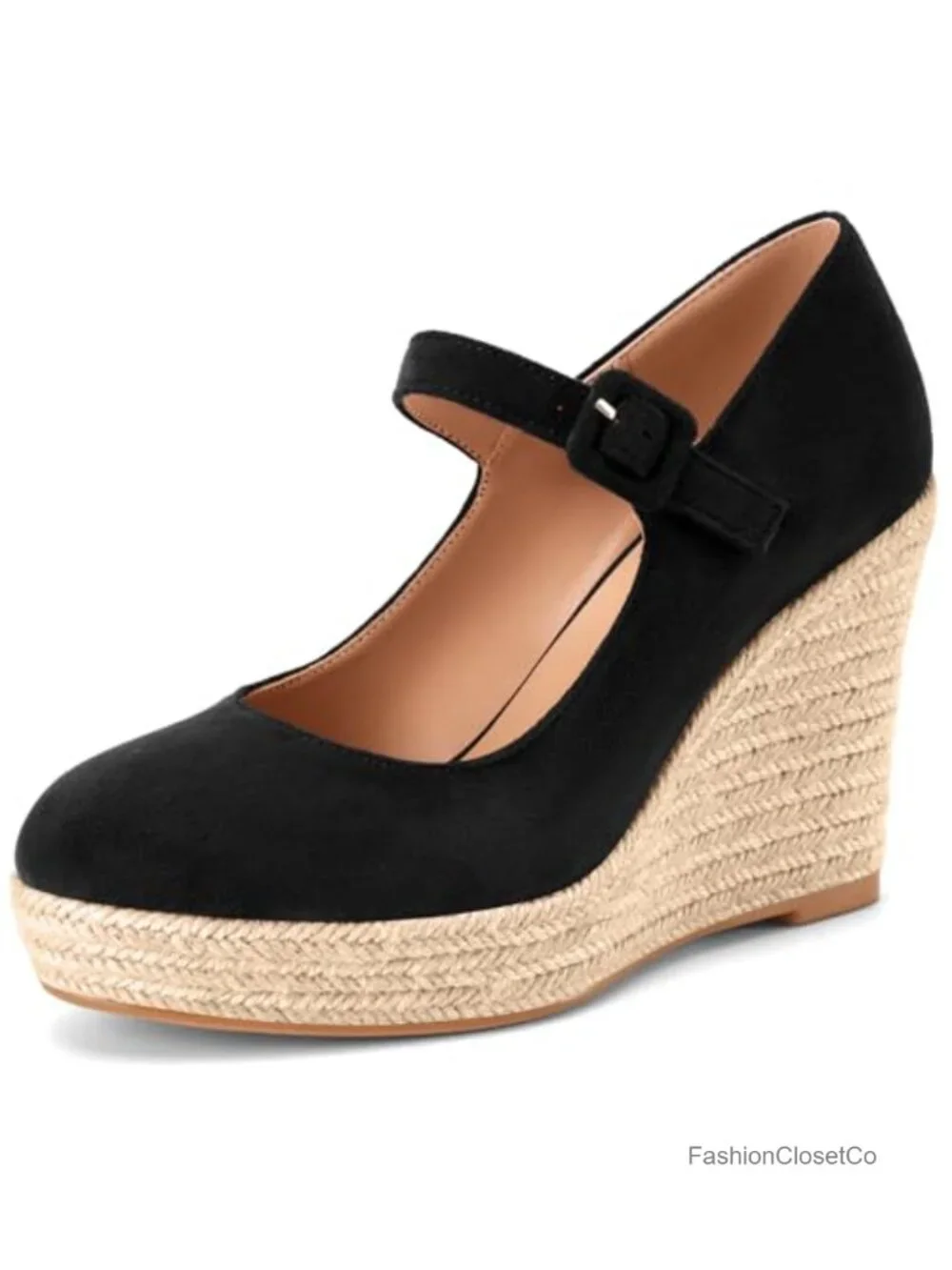 Wedge Heel Platform Espadrille Mary Jane Pumps with Buckle Strap
